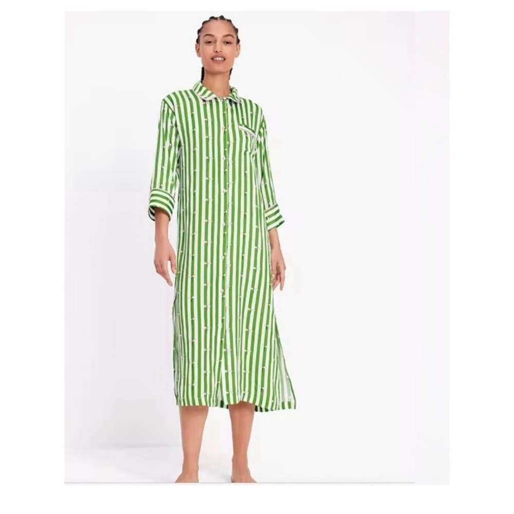 kate‎ spade Green & White Striped Dragonfly Nightgown with Pink Bow Accent